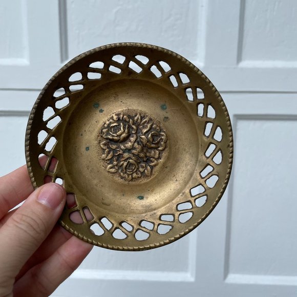 Vintage Solid Brass Pierced Bowl – Raised Floral Rose Motif – Ornate Decorative - Picture 12 of 13